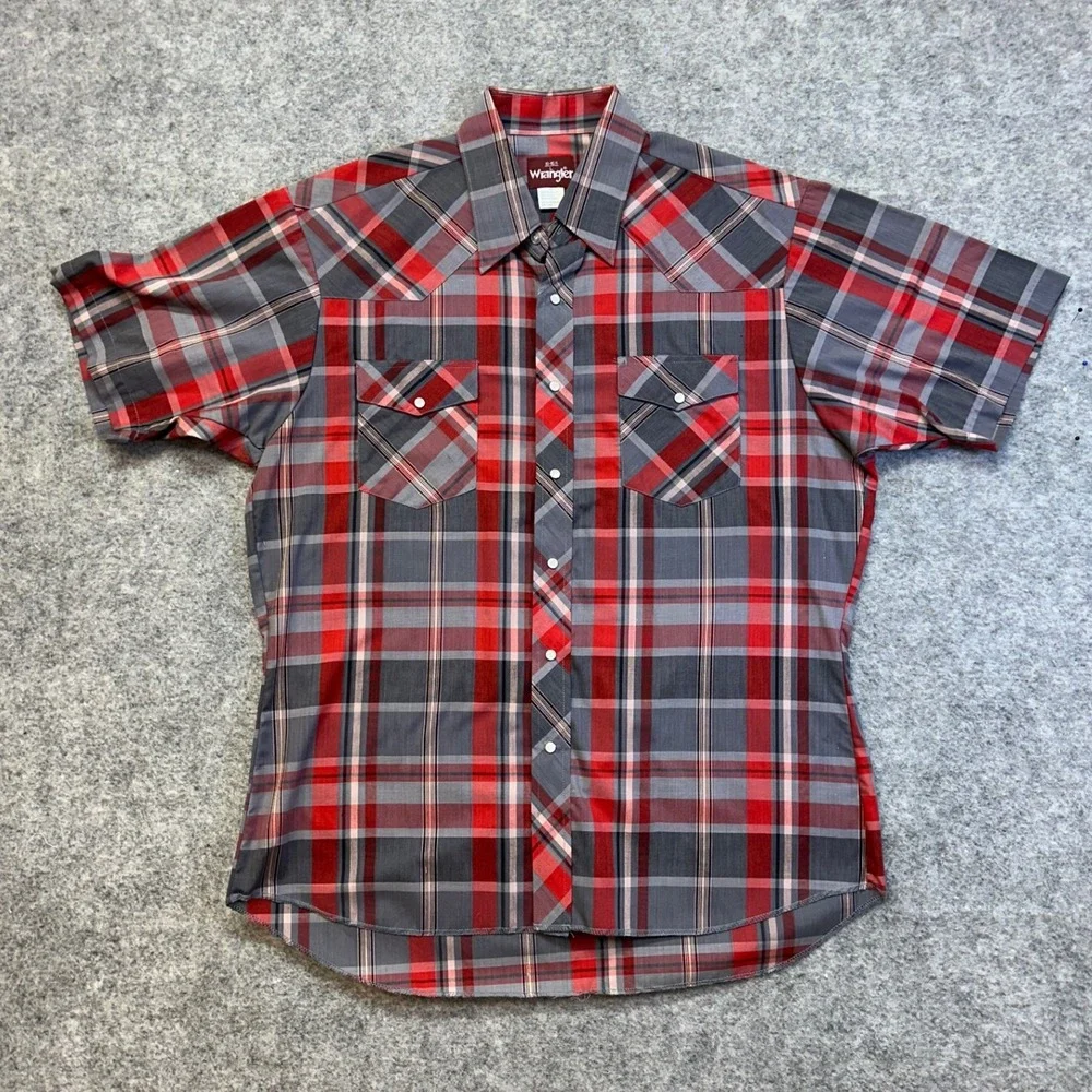 Wrangler Western Shirt Men's Large Red Grey Plaid Short‎ Sleeve